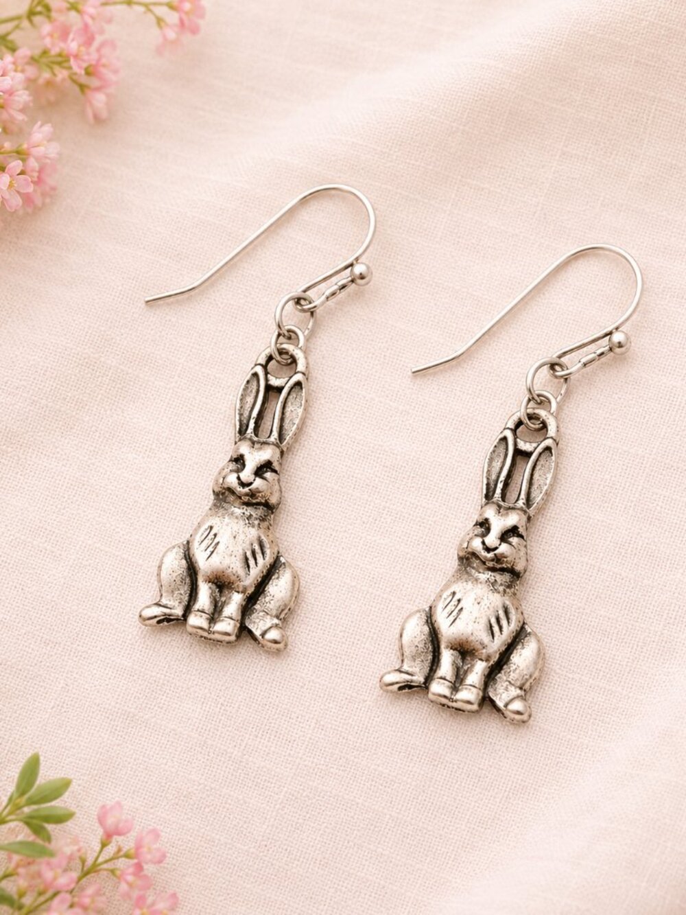 Antiqued Silver Bunny Dangle Earrings Easter Spring